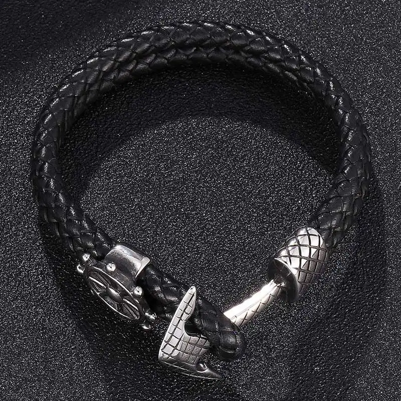 Модный черный кожаный плетеный браслет с якорем мужские двухслойные браслеты