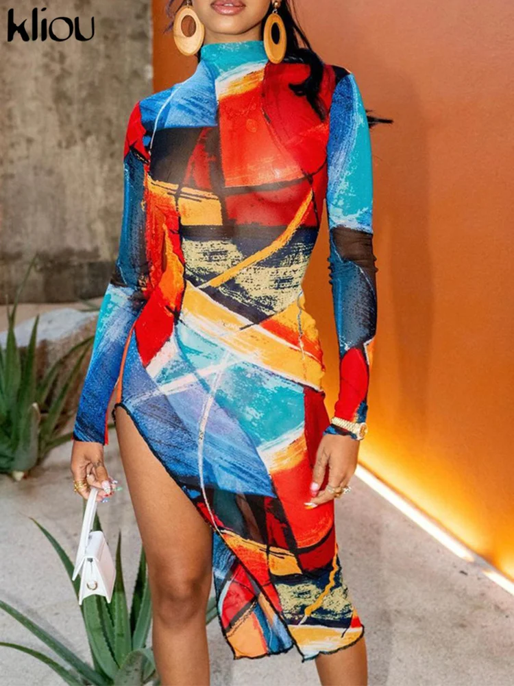 

Kliou/Сетчатое мини-платье Y2K, женские великолепные сексуальные прозрачные вечерние юбки с принтом, осенняя облегающая юбка с длинным рукавом,...