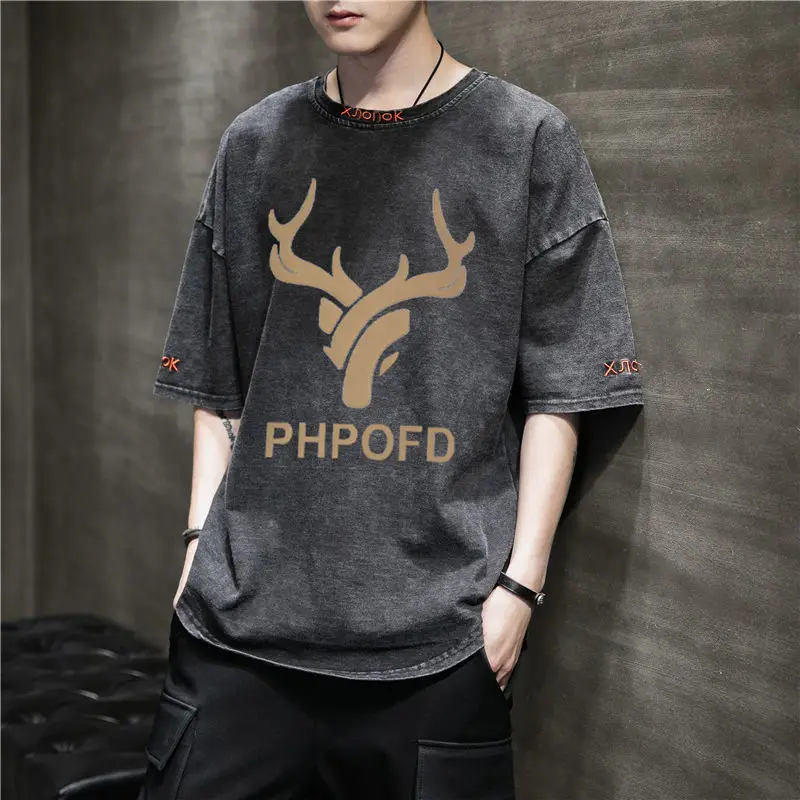 

Summer new men's short sleeve T-shirt Korean round neck denim knitted jacket young students fashion printed T-shirt