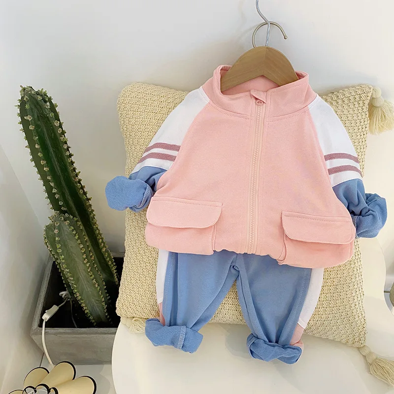 

2020 Autumn Baby Girls Sport Set Casual Color Matching Pocket Zipper Sweatshirt Pants 2pcs for Girl 2 3 4 5 6 7 Y Kids Tracksuit