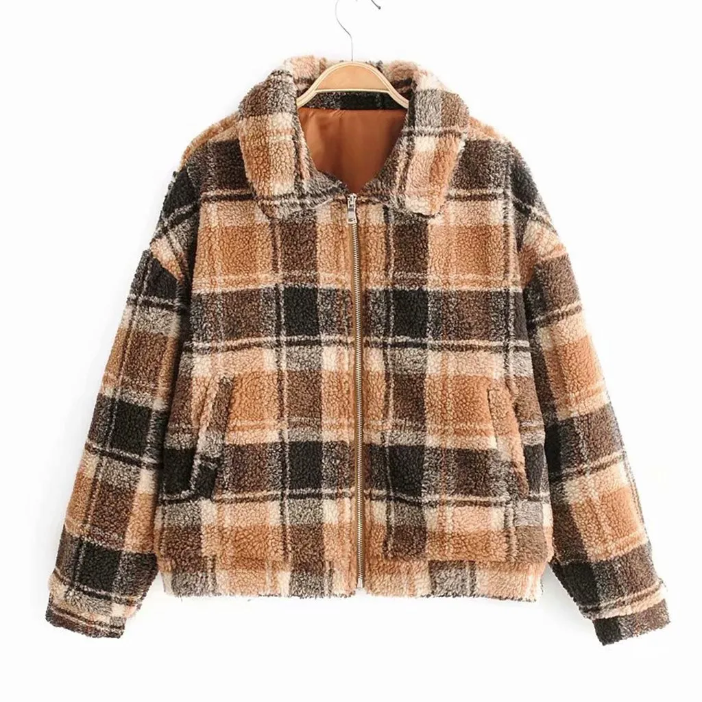 Модная клетчатая женская повседневная куртка с карманами на молнии принтом