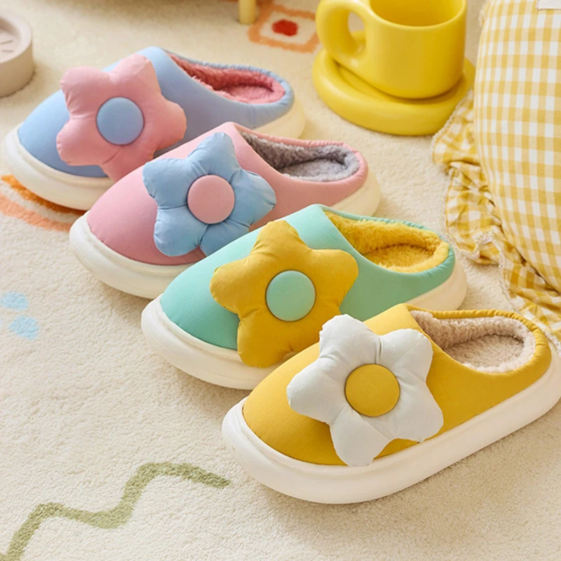 

Winter Women's Warm Slippers Cute Cartoon Sun Flower Pattern Cotton Slippers Indoor Warmth Platform Women's Plush Slippers
