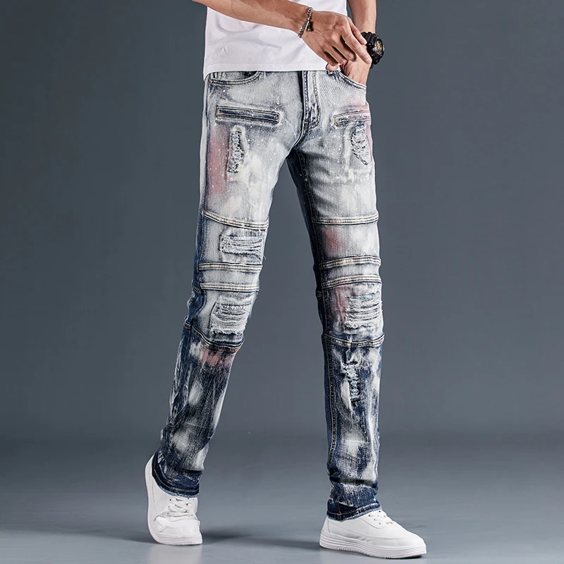 Мото &amp байкерские джинсы Для мужчин Feaded искусственно состаренные мужской