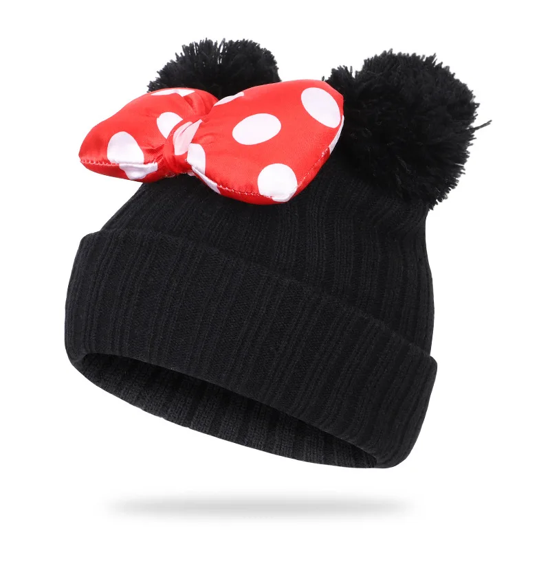 Зимняя детская Шапка-бини Skullies, вязаная шапка с Минни и бантом, Шапка-бини для маленьких мальчиков и девочек, Теплая двойная шапка с помпоном, Z109