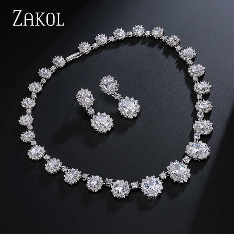 White Изысканный Овальный набор ювелирных изделий ZAKOL из голубого циркония с микро инкрустацией с роскошным белым цветом для подружки невесты ювелирные изделия FSSP018 - Окраска металла: White