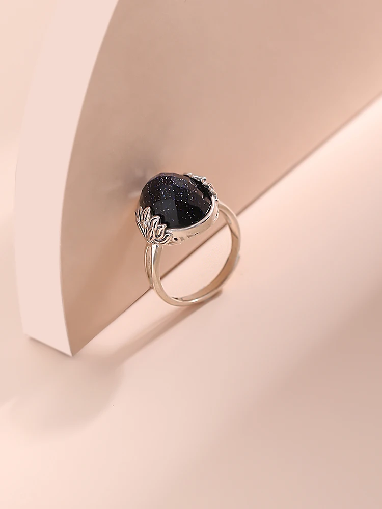 

Starry Sky Sterling Silver Ring Female Natural Purple Sand Stone Crystal Vintage Lotus Fashion Temperament Open Ended Ring