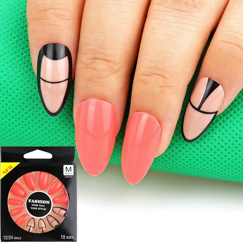 04 12Pcs Long Stiletto False Nail Tips With Glue Colorful Full Cover Fake Nails Tips Manicure Press On Nails Charms - Цвет: 04