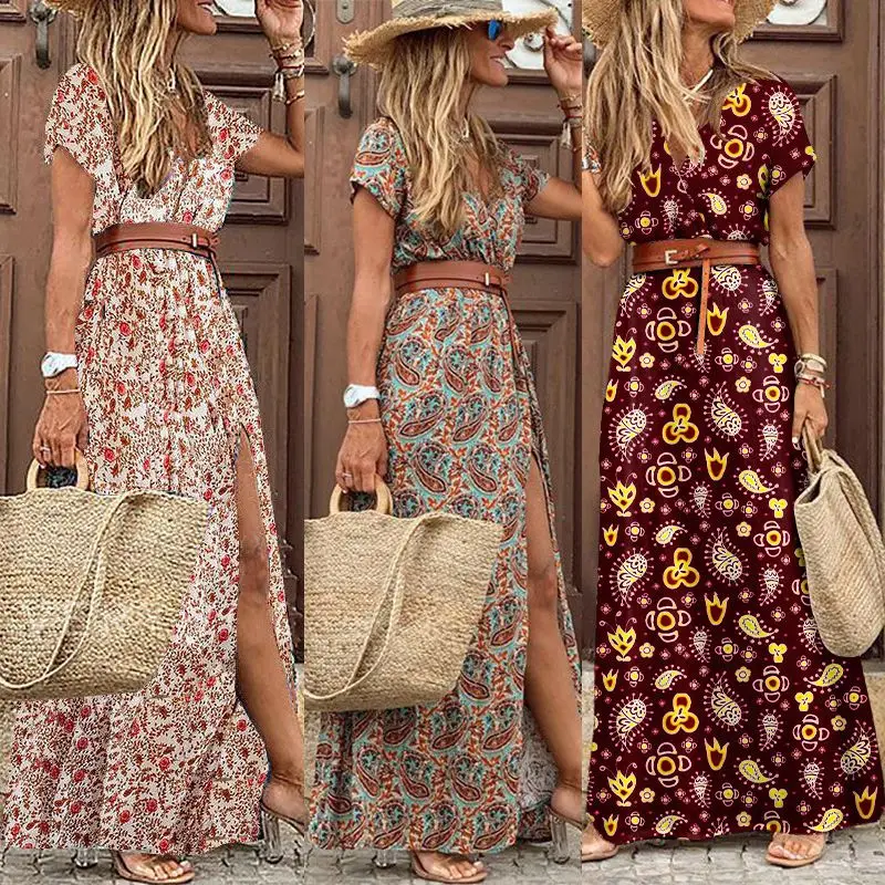 

Fashion Eye-catching Women Summer Floral Tops Ladies V Neck Beach Holiday Sundress Strappy Asymmertrical Hem Long Maxi Dresses