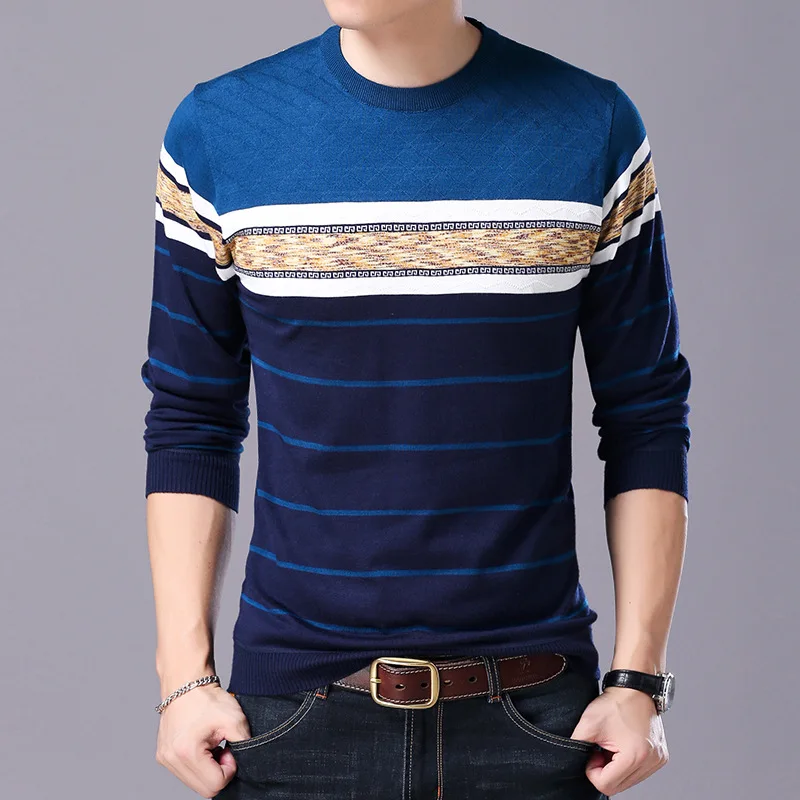 

Spring Autumn Fashion Striped Knit Sweater Fleece Thick Men's Warm Comfy Burgundy Long Sleeve Slim Pullover Casual Clothing