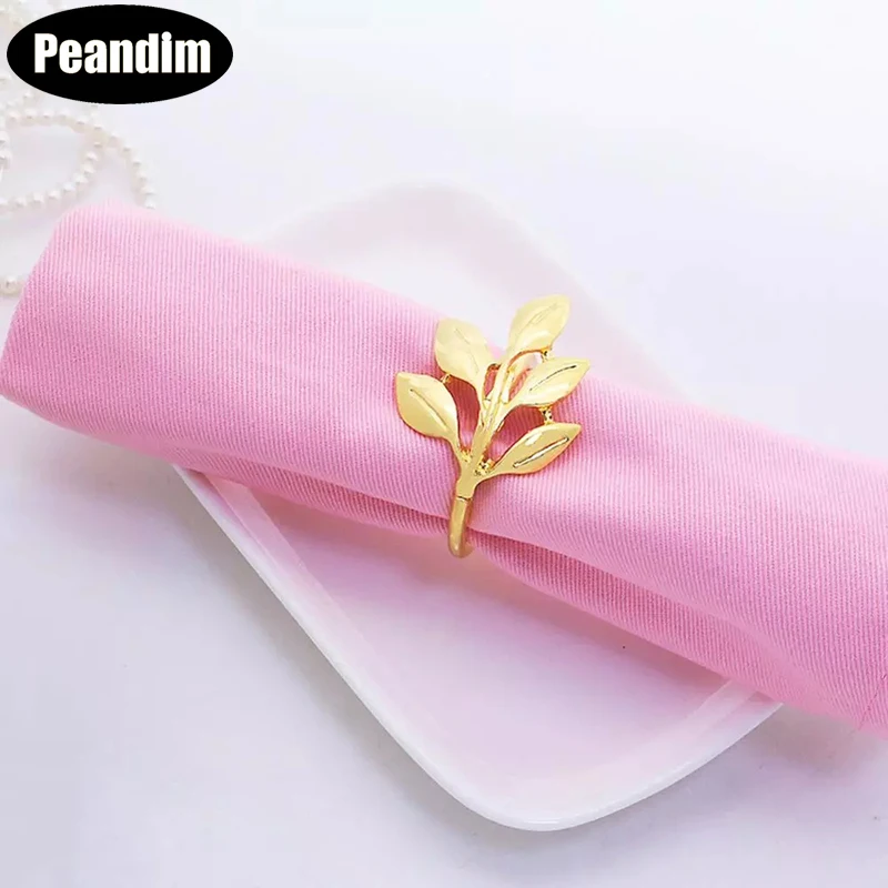 

PEANDIM Gold Silver Metal Napkin Holder Leaves Napkin Rings For Wedding Party Banquet Baptismal Shower Home Dining Table Decor