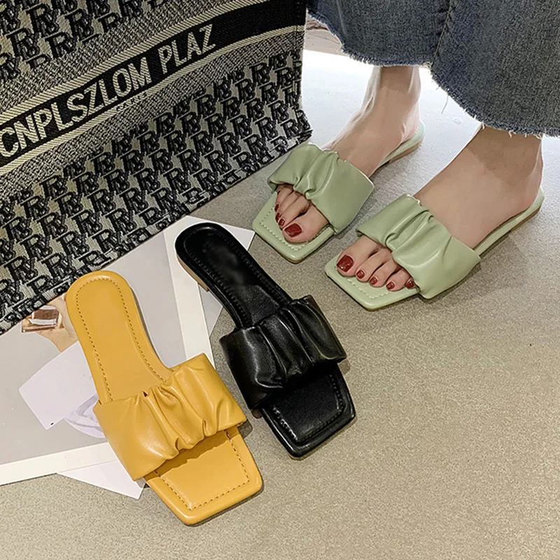 

2020 Summer Women Slippers Ladies Square Head Flat Females Bottom Open Toe Holiday Beach Shoes Outsides Elegant Lady Slipper