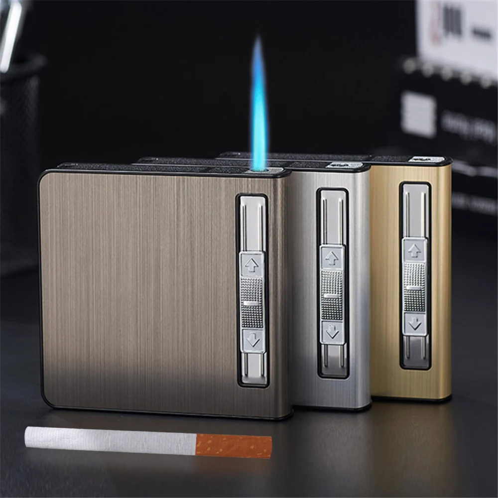 

Metal Cigarette Case With Gas Lighter Hold 20 Cigarettes Automatic Pop Up Anti Pressure Cigarette Case Tobacco Holder Mens Gift