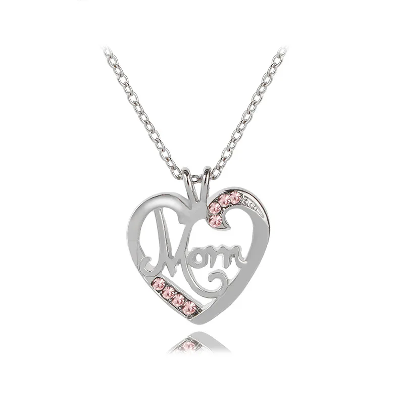 

2021 Crystal Diamond Mother's Day Gift Mom Letter Hollow Heart Necklace for Women Mama Love Pendant Necklace Jewelry Wholesale