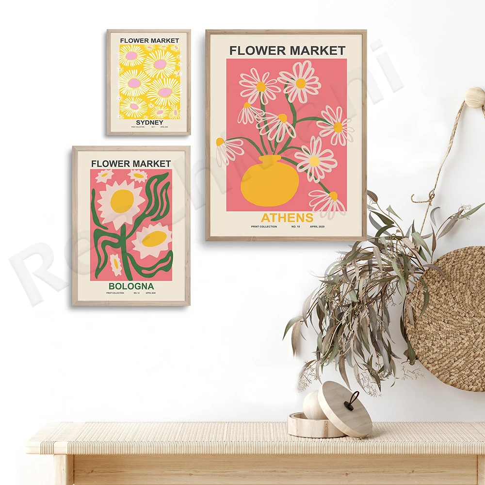 

Flower Market Print , Flower Market Poster, Dorm Room Decor, Flower Poster Set, Digital Prints, Pink Yellow Art,Girls Room Decor