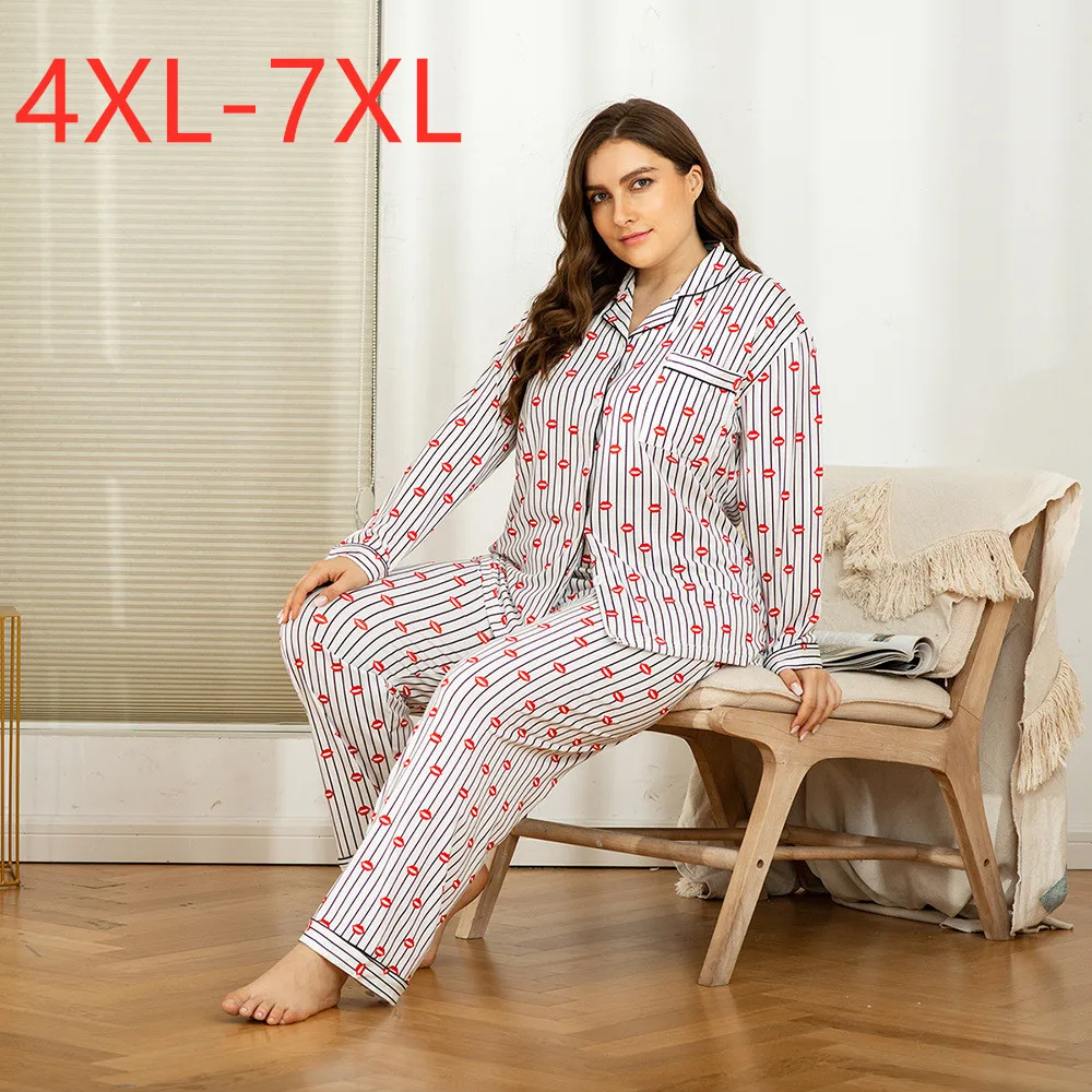 Женская пижама с длинным рукавом полосатая рубашка и штаны размера плюс на осень