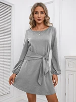 autumn elegant long sleeve round collar solid color dress casual collect waist midii dresses for women