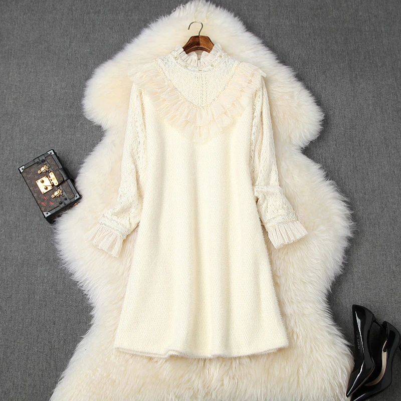 Новинка 2019 кружевное платье с бусинами длинный рукав цветочное Клубное вязаный