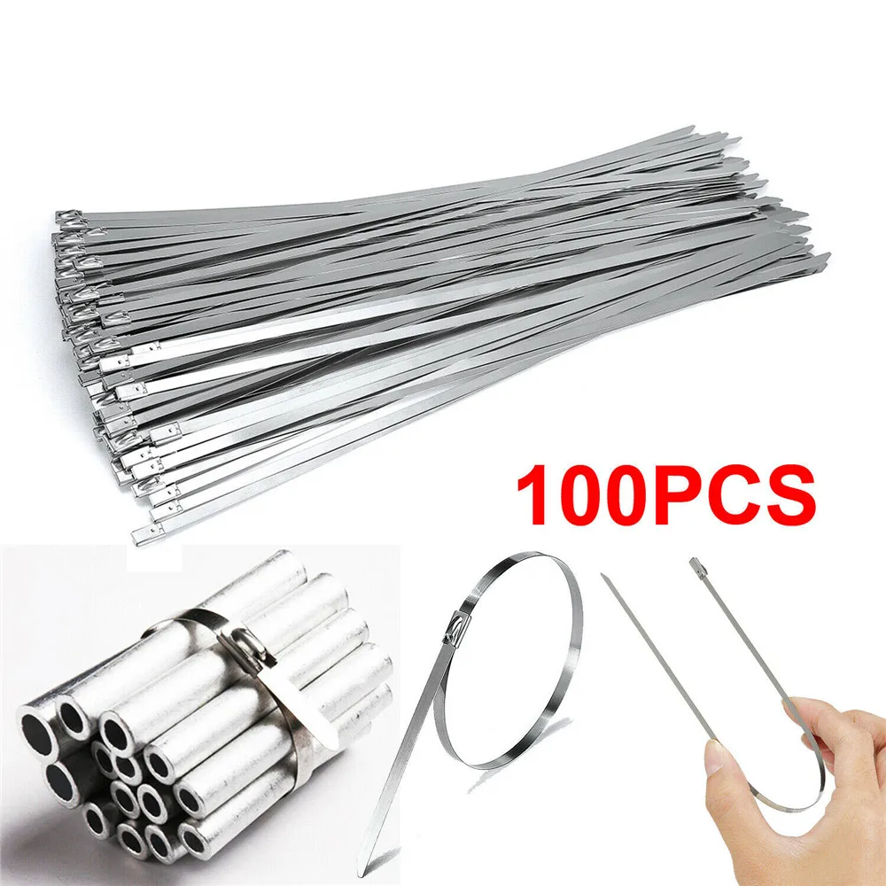 

304 #100Pcs Stainless Steel Cable Ties 4.6mm Heavy Duty Self-Locking Cable Zip Tie Multi-Purpose Metal Exhaust Wrap Locking Ties