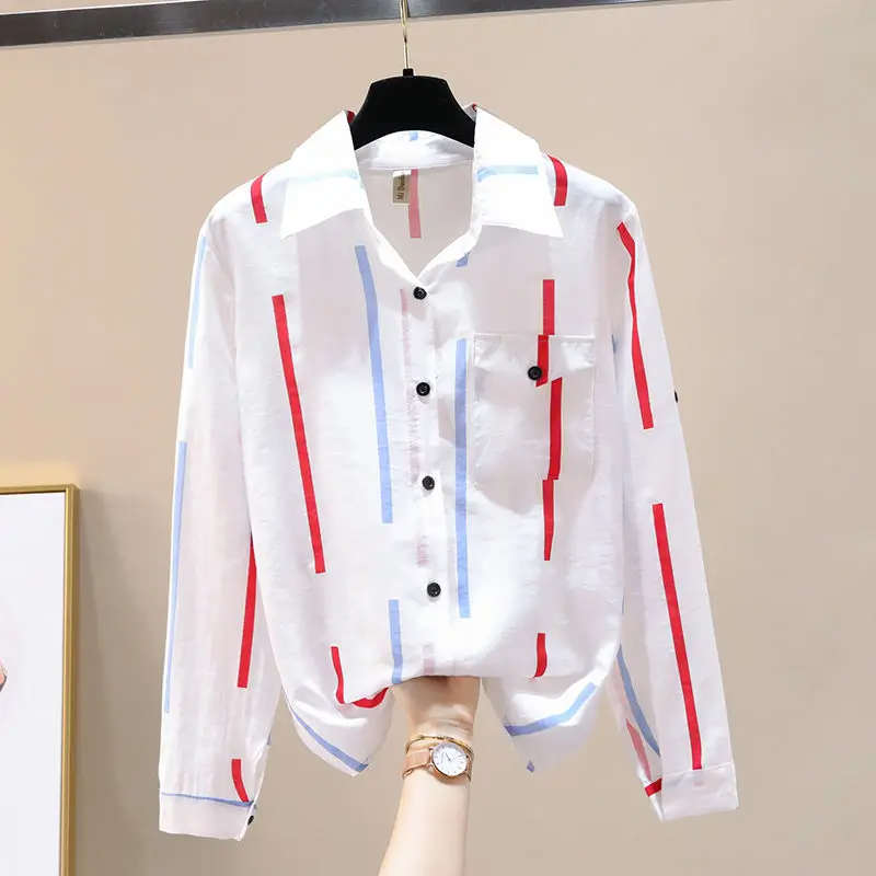 

Women'S Spring Summer Style Blouses Shirts Women'S Elegant Turn-down Collar Button Long Sleeve Stripe Casual Tops SP679