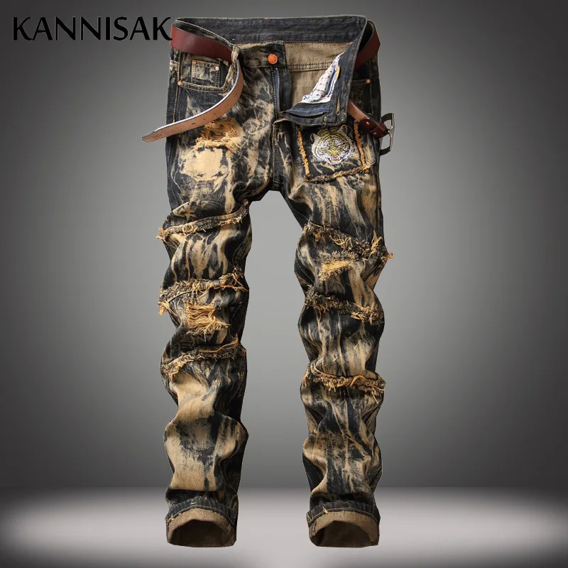 

KANNISAK Ripped Hole Jeans for Men Vintage Straight Denim Pant Retro Washed Distressed Male Full Length Hip Hop Trousers Casual