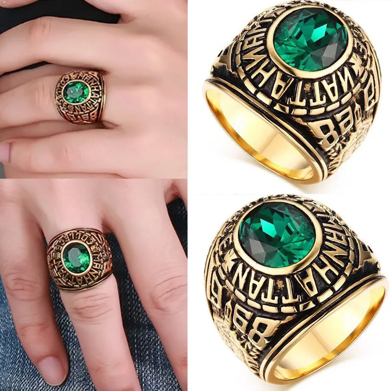 

Unique Men's Manhattan College Ring with Green CZ Crystal Rhinestone Zircon Ring for Party School Veteran Graduation Jewelry