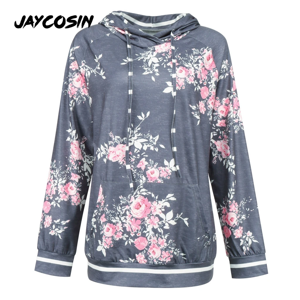 JAYCOSIN Женская модная толстовка с капюшоном теплая цветочным принтом завязками