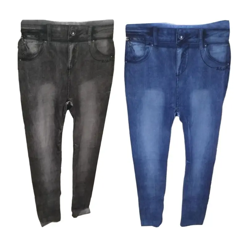

Women Vintage Wash Color Denim Print Leggings Low Rise Stretchy Pencil Pants Seamless Ankle Length Skinny Fake Jeans Tights