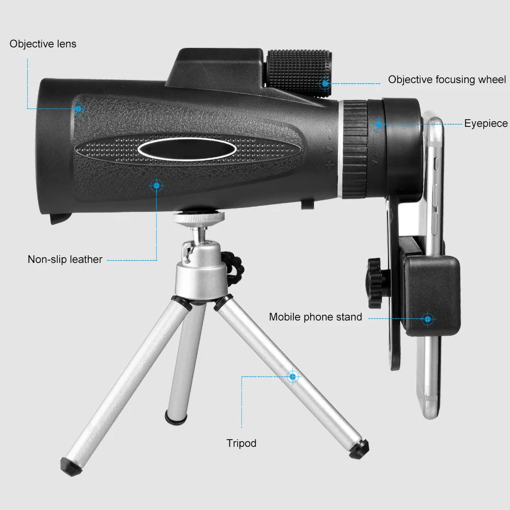 

18x62 Portable Optical HD Lens Monocular Telescope with Tripod Mobile Phone Clip Outdoor Sports Accessories