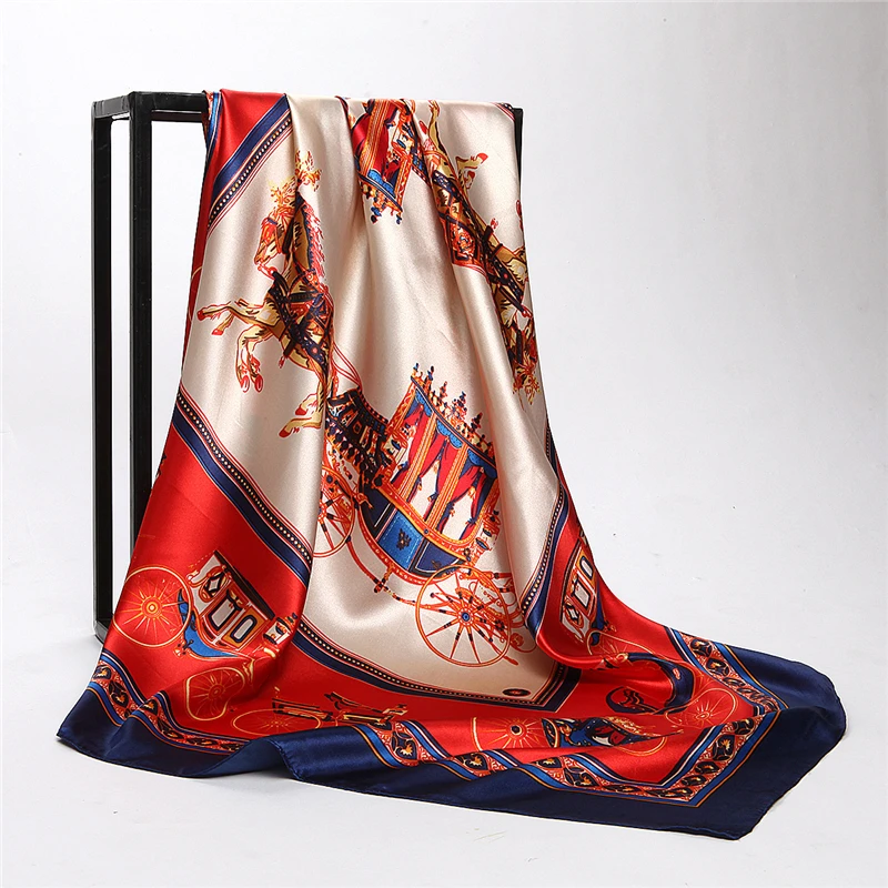 

2021 Fashion Kerchief Silk Satin Neck Scarf For Women Print Hijab Scarfs Female 90X90CM Square Shawls And Wraps Scarves For Lady