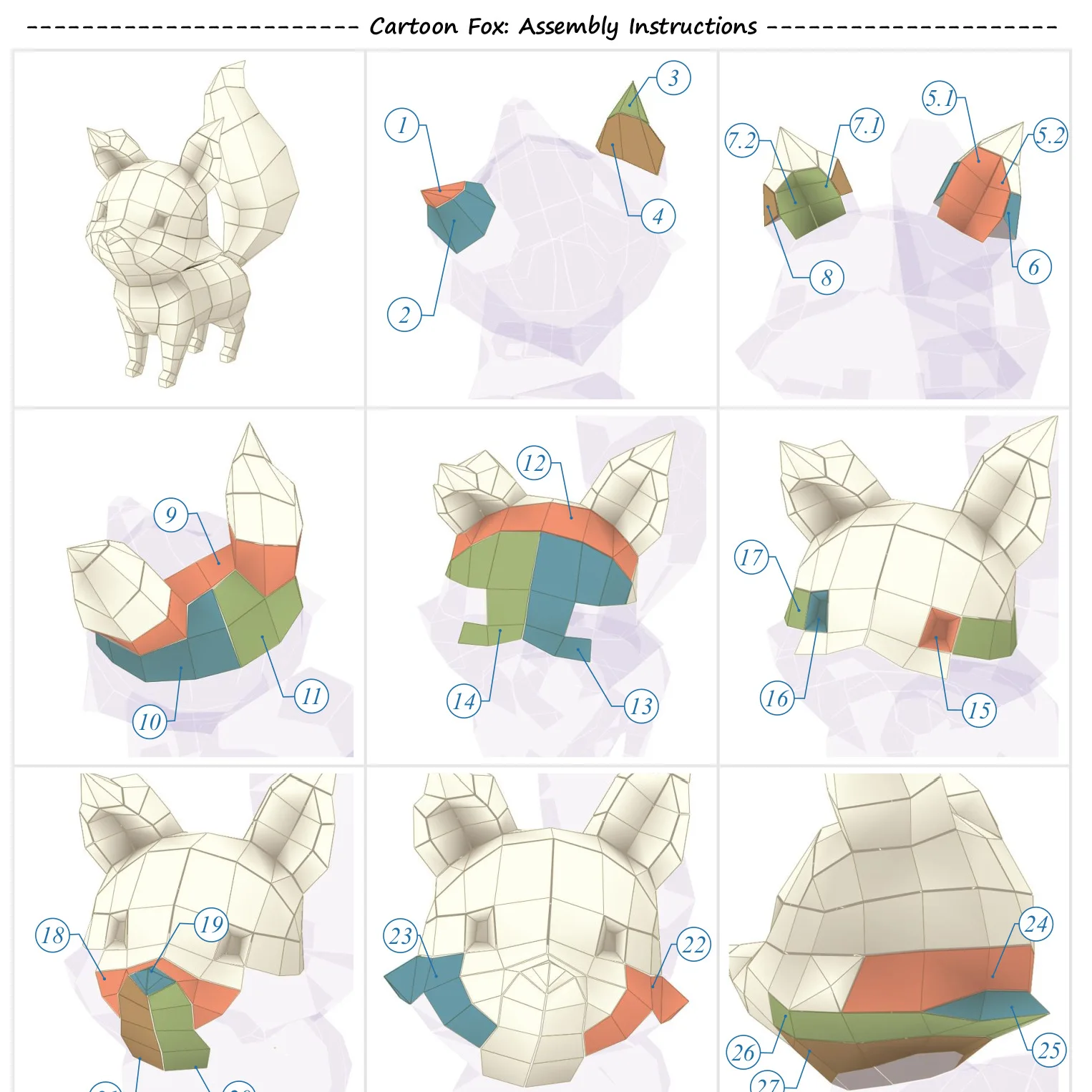 Мультяшная лиса 3D бумажная модель сделай сам Мультяшные животные Бумажная