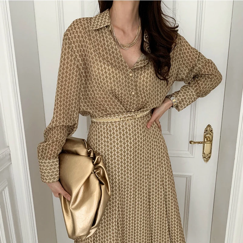 

2021 New Women Spring Vintage Printing 2 Two Piece Set Skirt Suits Single Breasted Shirt + High Waist A-line Skirts