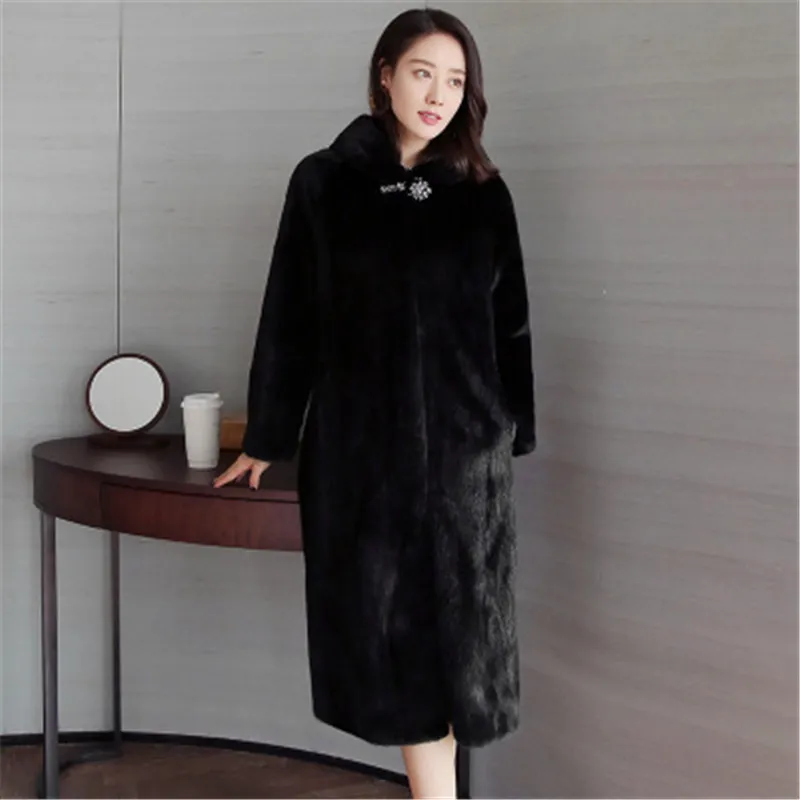 New imitation mink coat women's long section thick warm hooded fur loose large size high-end Solid color jacket 844 | Женская одежда