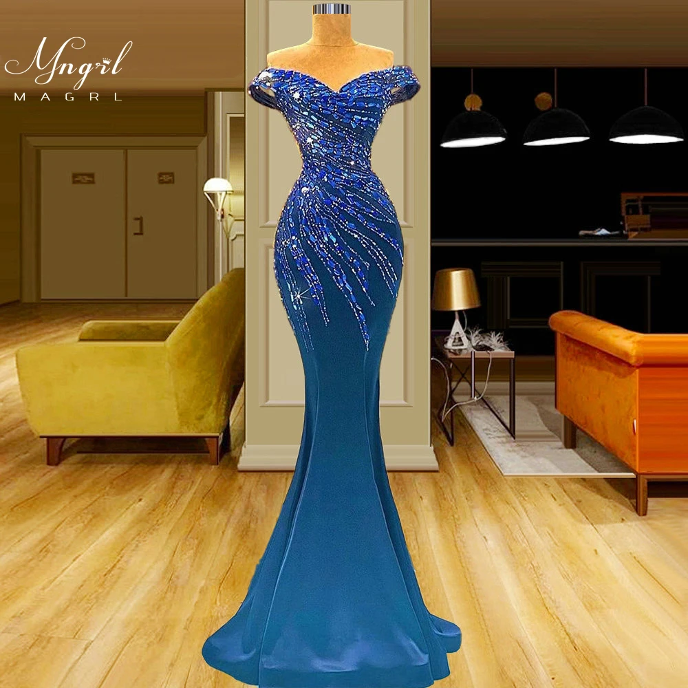 

MNGRL Luxury Evening Dress One-shoulder Long Sleeves Hand-applied Diamonds Glittering 2021 New Evening Dress Party Dress