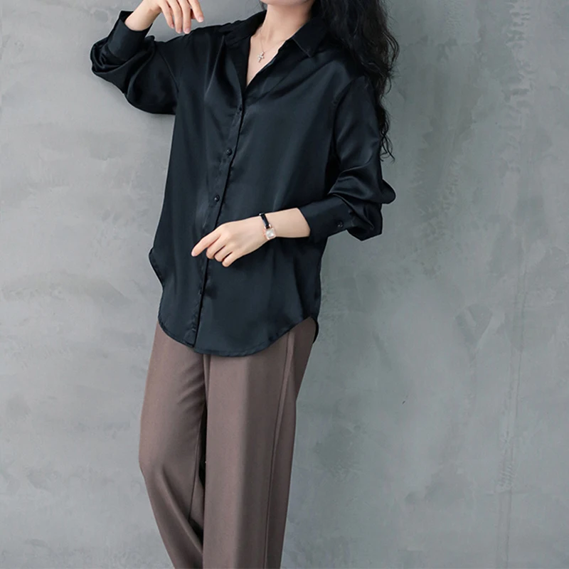 Женская белая атласная рубашка элегантная офисная блузка на пуговицах с длинным