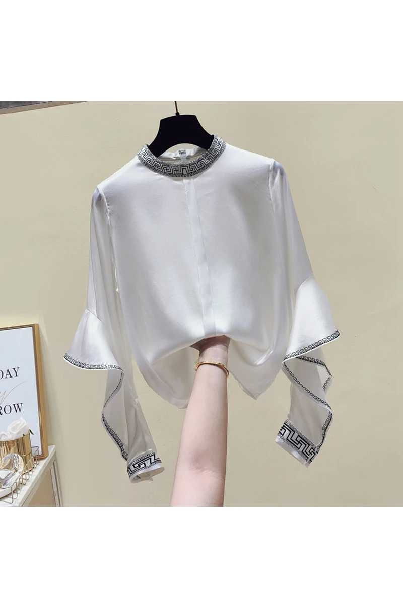 

Autumn Winter 2020 New Silk Shirts Female Solid Cooked Satin Full Stand Top Blouse Women