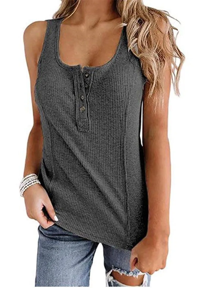 

2021 new women's solid button sleeveless vest T-shirt for women