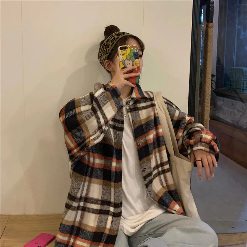 Корейская клетчатая рубашка женская одежда Harajuku однобортная Осенняя рубашка с длинными рукавами женская рубашка большого размера с отворотом Женская