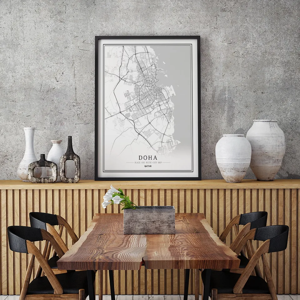 Катар черно-белая карта города постер нордическая гостиная Доха настенное