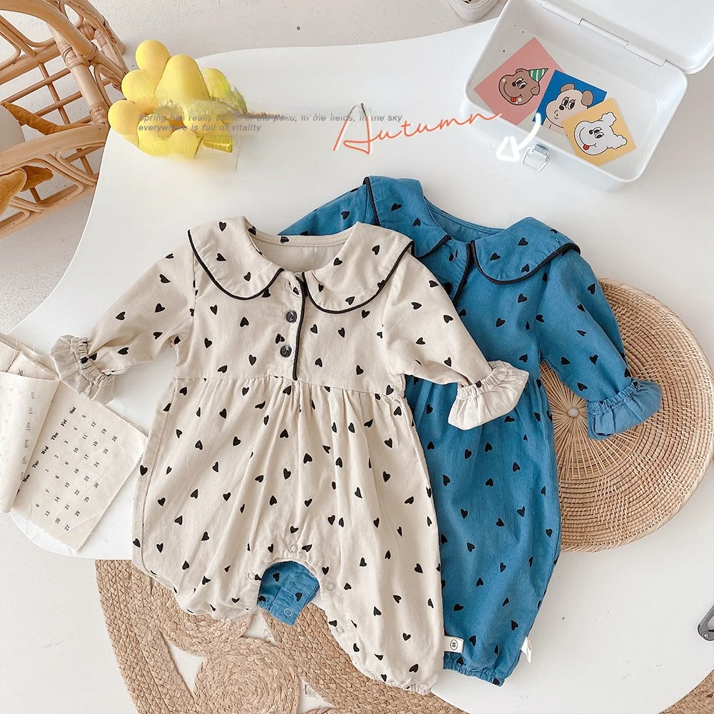 

WLG Baby Girl Fall Clothes Beige Blue Printed Corduroy Long Sleeve Romper Toddler Girl Causal Clothes