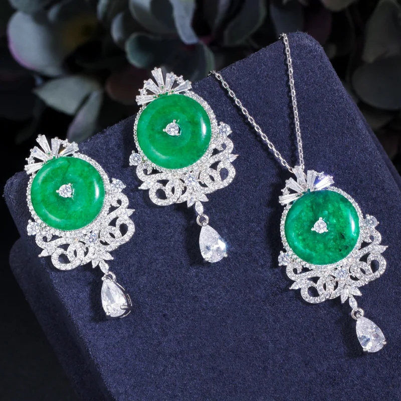 Cwwzircon круглые зеленые фианиты длинные серьги-подвески для люстры ожерелье с