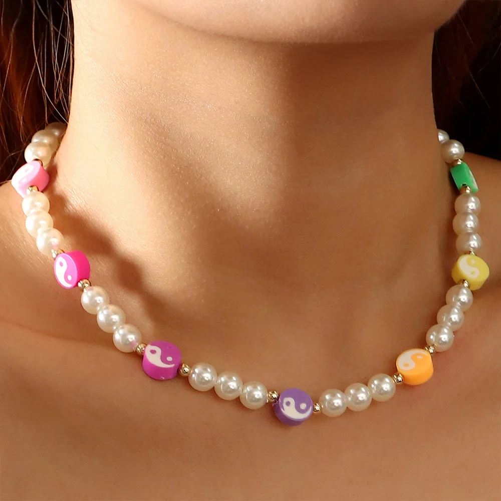 

Popular And Trendy Colorful Yin And Yang Soft Ceramic White Imitation Pearl Necklace Women's Neck Decoration Jewelry Accessories