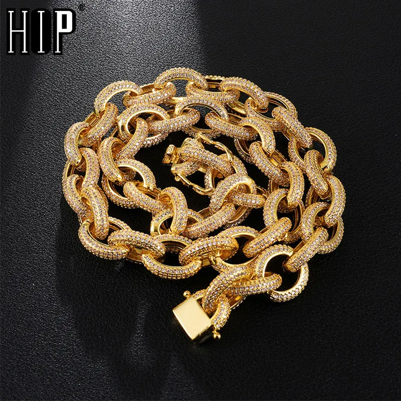 

Hip Hop 12MM Iced Out AAA CZ Twisted Oval Cuban Link Chain Necklace Big Clasp Gold Color Zircon For Men Copper Jewelry