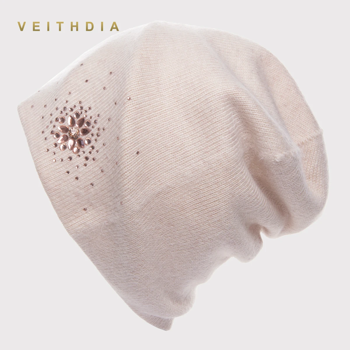 VEITHDIA, женские шапки, женские кашемировые, повседневные, Осень-зима, брендовые, двухслойные, толстые, стразы, вязаные, для девочек, Skullies Beanies