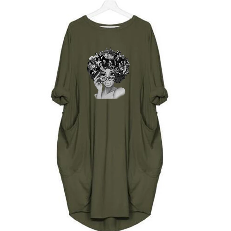 

My Roots African American T Shirt Dress Plus Size Loose Dress with Pocket Ladies O Neck Long Tops Female Tshirt Dress Streetwear
