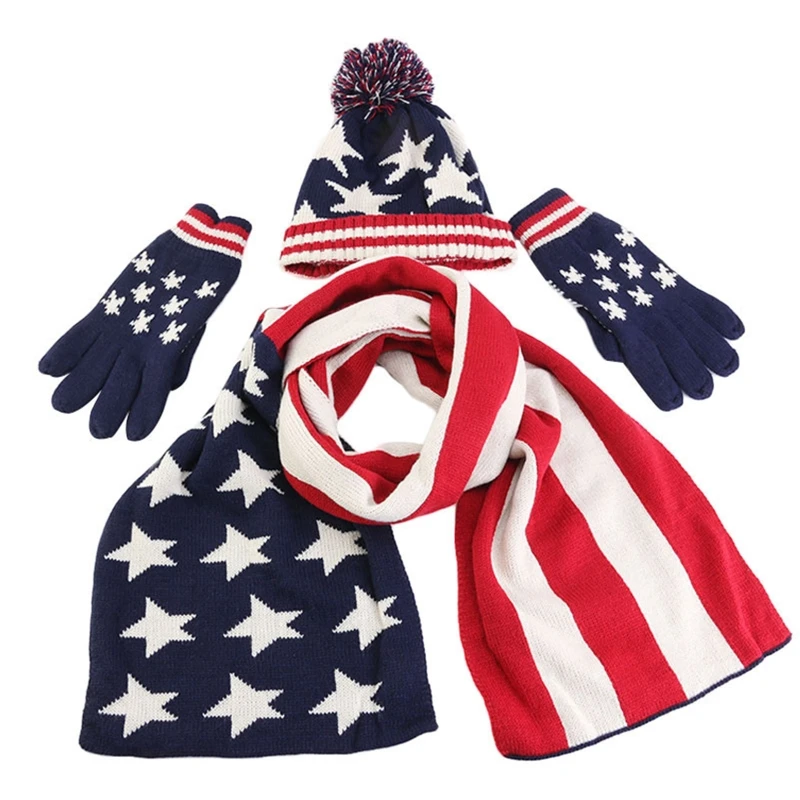 

Women Men Winter 3 Pieces Beanie Hat Long Scarf Gloves Set UK British USA American Flag Stripes Printed Pompom Skull Cap