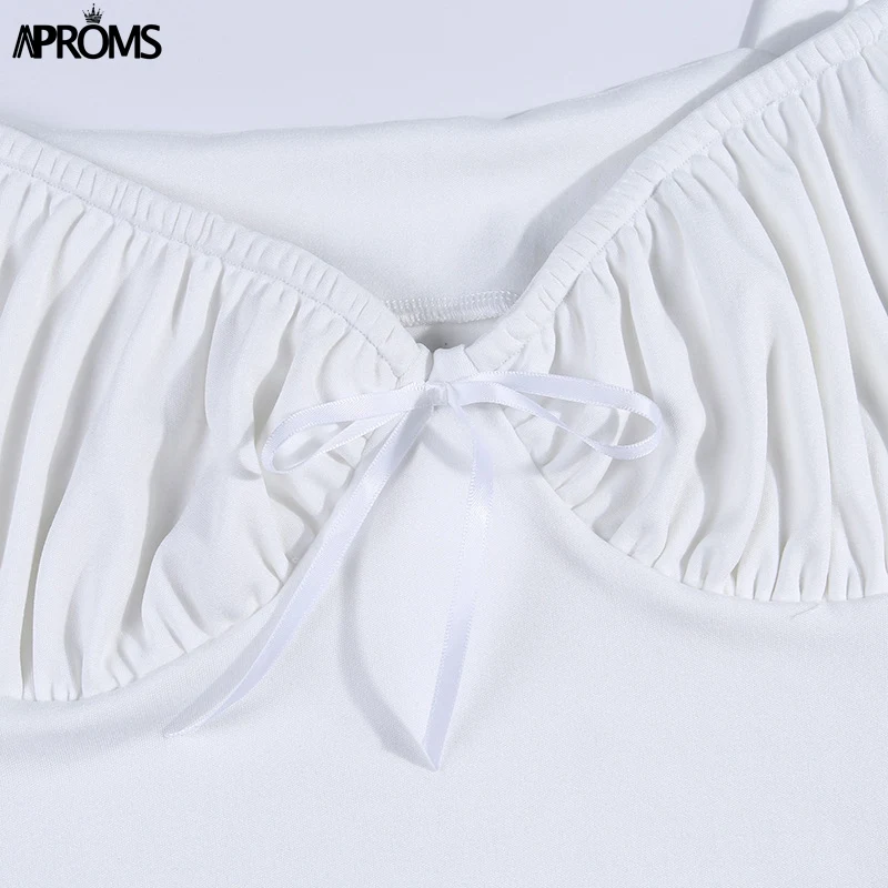 Aproms, одноцветные, с бантом, с рюшами, Топики, женские, белые, хлопок, бодикон, короткий топ, крутые, для девушек, летние, сексуальные топы на бретелях, облегающие футболки