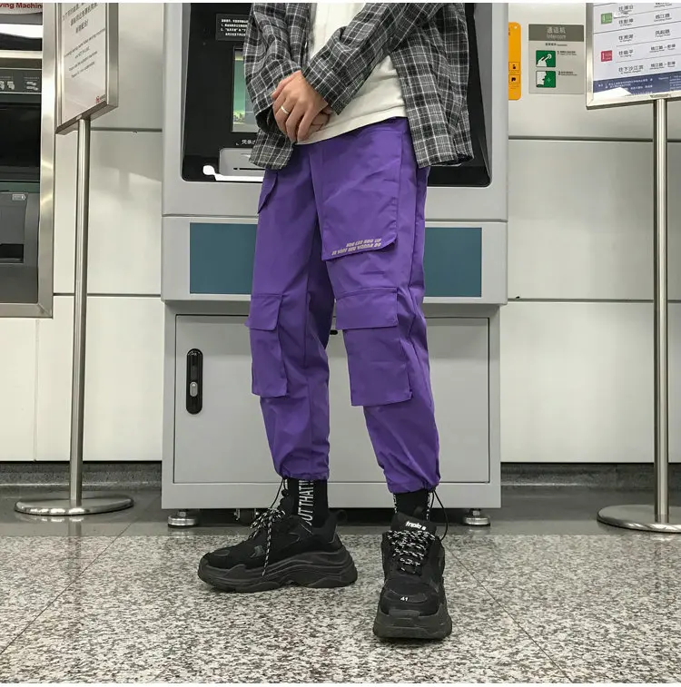 Men Streetwear Cargo Pants 2021 Overalls Mens Baggy Hip Hop Joggers Pants Pockets Harem Pants Purple Sweatpants Korean alibaba pants