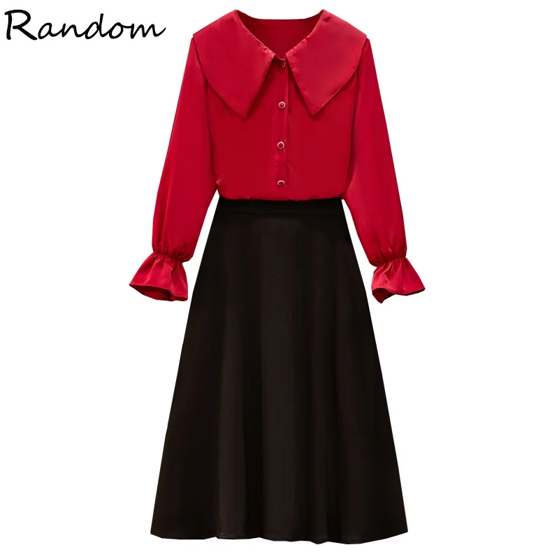 Женский Осенний элегантный костюм большого размера с юбкой красный топ и черная