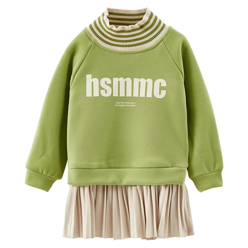 Детская зимняя одежда; Roupa Infantil Menina; свитер для девочек; платье с флисовой подкладкой; теплое платье-рубашка с эластичным воротником в рубчик; плиссированная нижняя часть