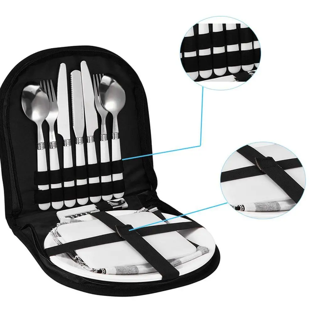 

Camping Cookware Set, Flatware and Flatware Set for 2, 13 Piece Dinnerware Set with Serrated Spoon Steel Plate